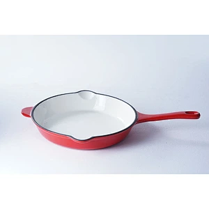 Fashion design classic red flat-bottomed carbon steel enamel grill cookware fry pan with confortable handle for cooking