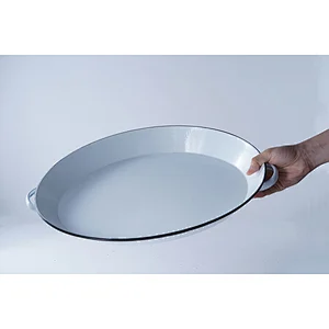Hot sale high quality white round big capacity flat bottom carbon steel enamel dish plate with two side handles