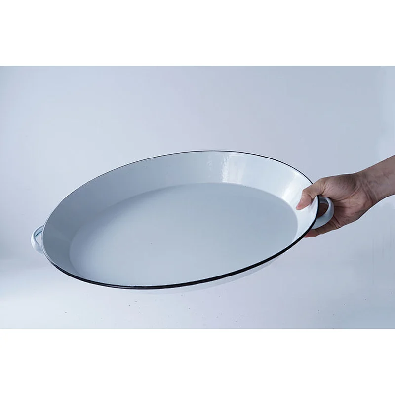 Hot sale high quality white round big capacity flat bottom carbon steel enamel dish plate with two side handles