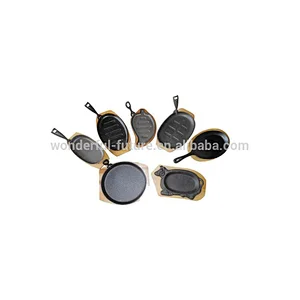 cast iron preseasoned fry pan, skillet set,sizzler plate with birch wood,frying pan with wooden base