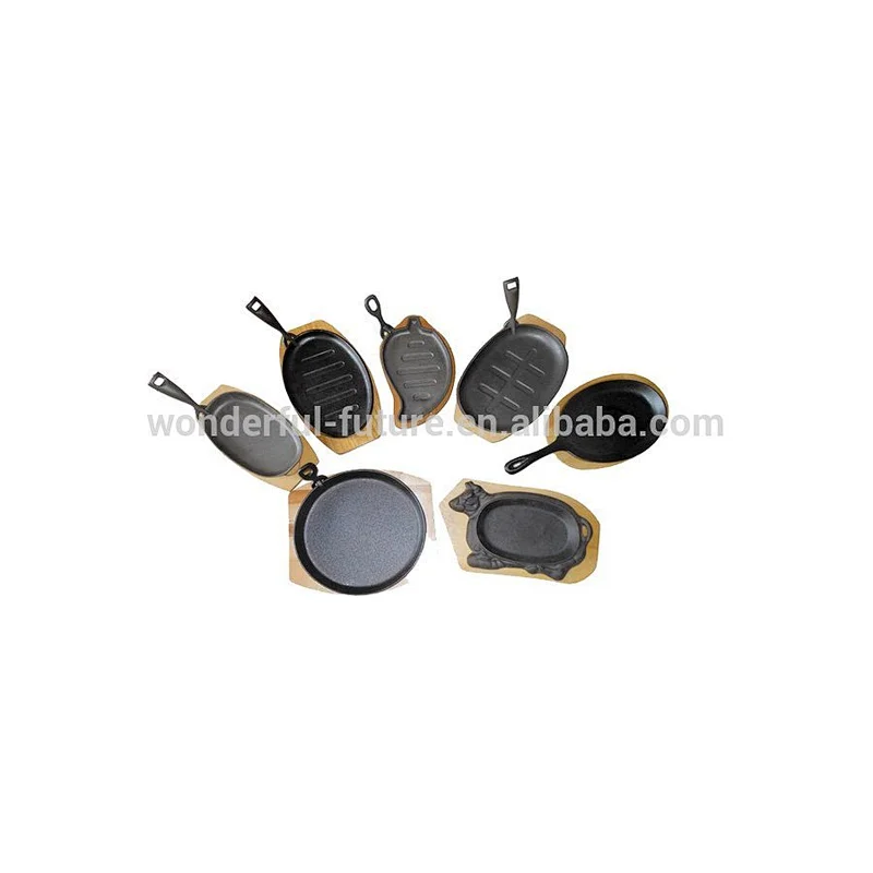 cast iron preseasoned fry pan, skillet set,sizzler plate with birch wood,frying pan with wooden base
