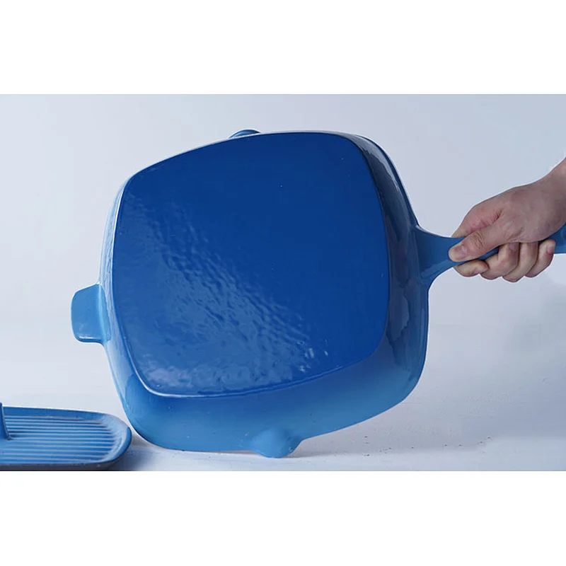 Professional cookware supplier OEM ODM universal blue square cast iron enamel frying pan with same material lid