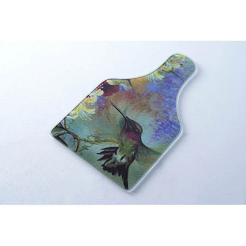 Wholesale kitchen tools irregular shape painting printed tempered glass kitchen chopping board cutting board with handle