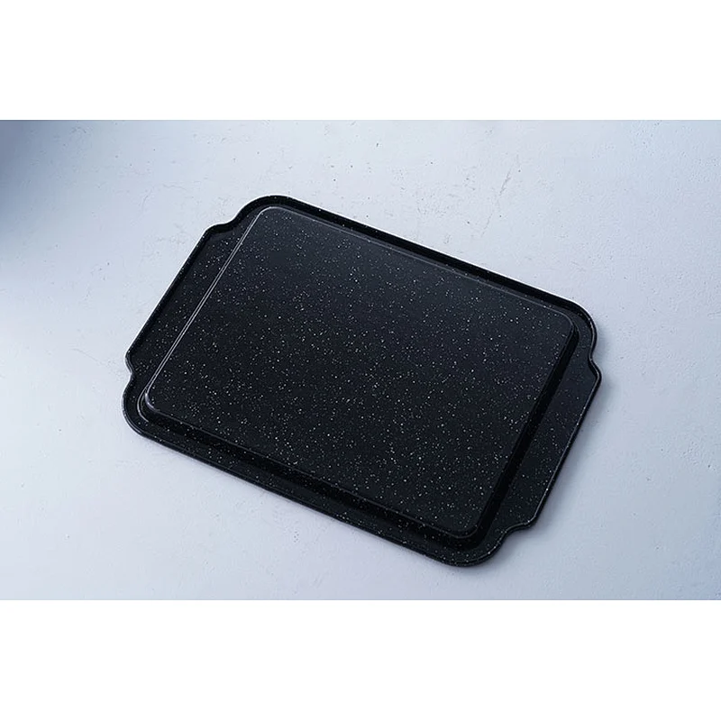 Custom logo available personalized black rectangular carbon steel enamel tray dishes serving plates with two side handles