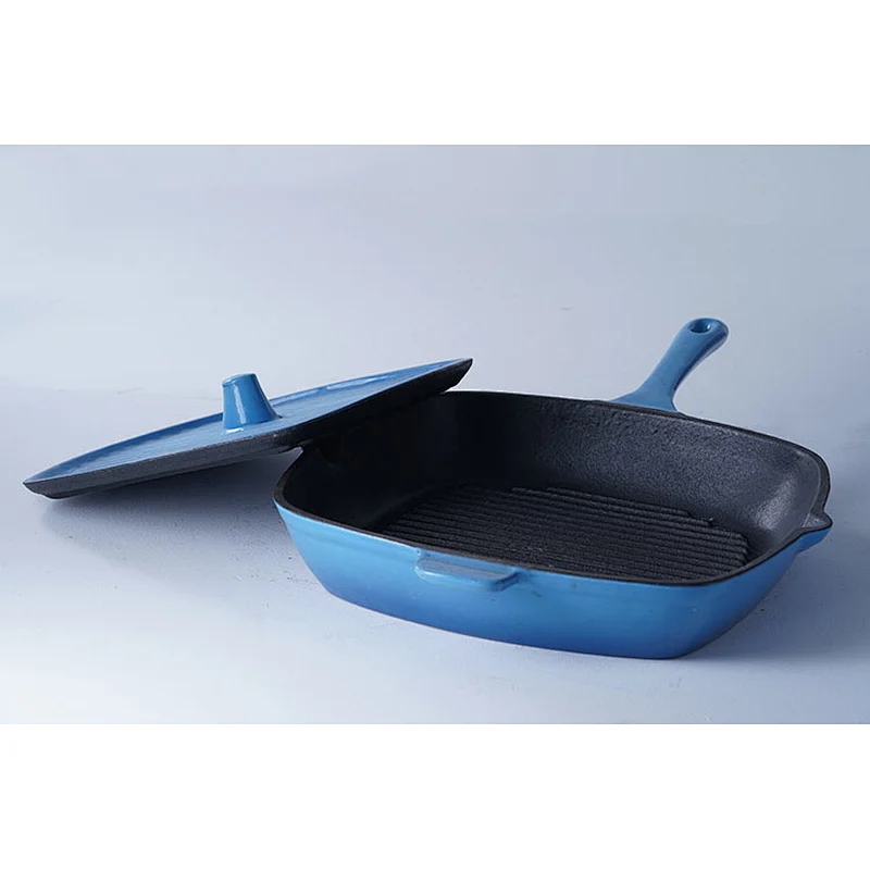 Professional cookware supplier OEM ODM universal blue square cast iron enamel frying pan with same material lid