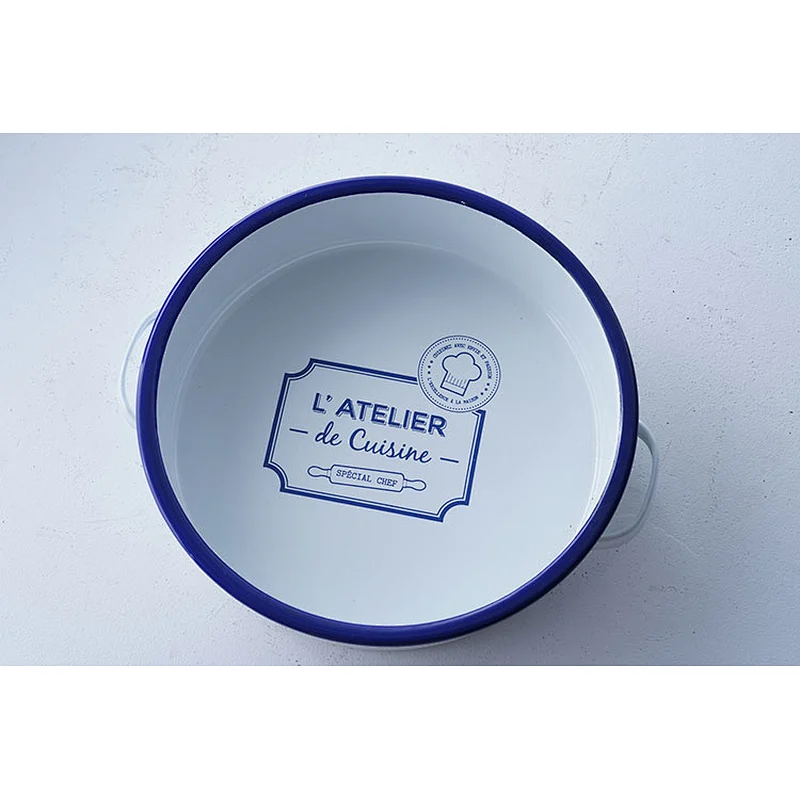Hot sale personalized printing white round flat bottom carbon steel enamel fruit plate for kids with two side handles