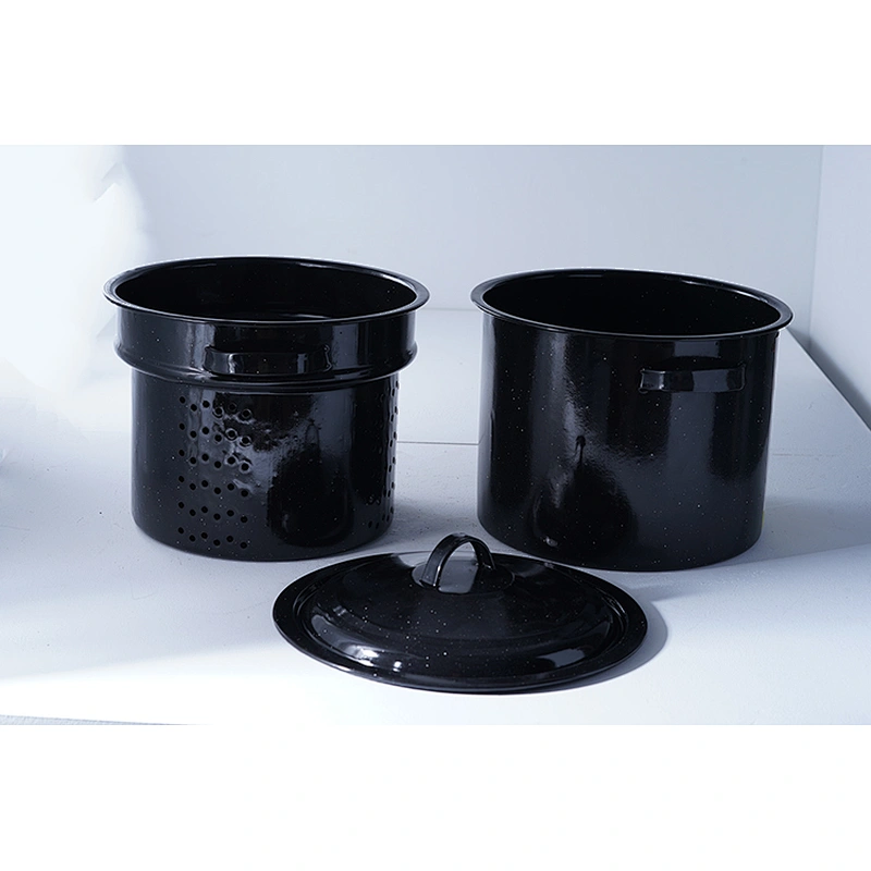 Durable OEM ODM custom design black carbon steel enamel coated pots with steaming rack