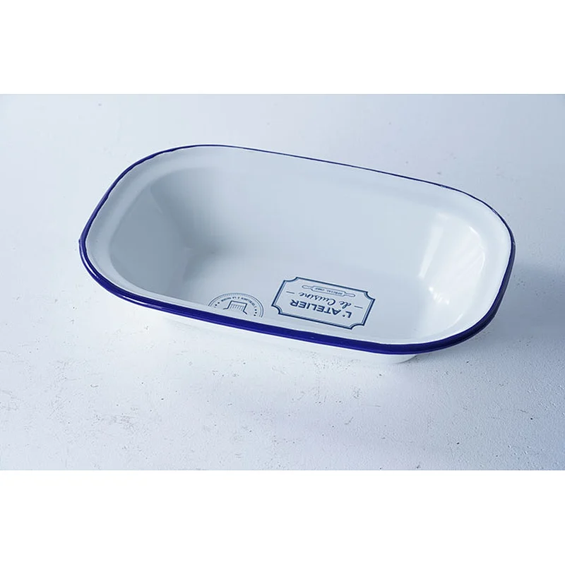 Hot sale custom printing small household white rectangular carbon steel enamel metal camping plate dish