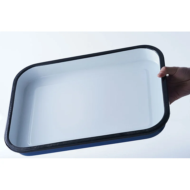Custom design blue rectangular big capacity carbon steel enamel ware tray dishes serving plates for restaurant