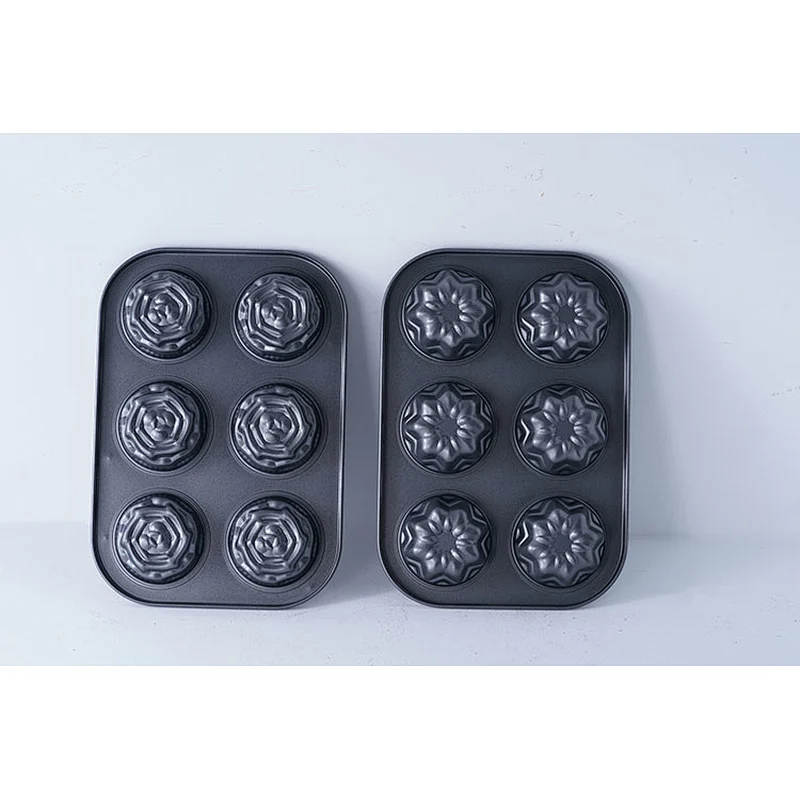 Wholesale two kinds of flower shape 6 holes carbon steel non stick coating cup cake molds for cake decoration