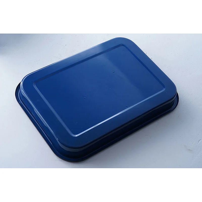 Custom design blue rectangular big capacity carbon steel enamel ware tray dishes serving plates for restaurant