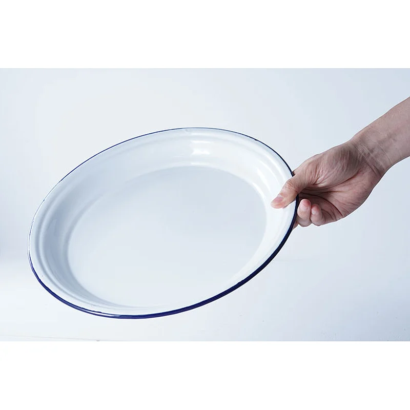 Accept custom logo big capacity classic household restaurant hotel round white carbon steel enamel plate dish