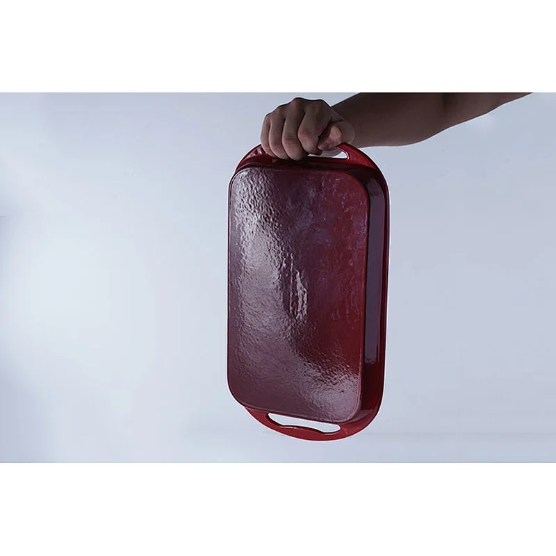 OEM red rectangular big capacity gathering party cast iron cookware enamel non-stick skillet fry pan with two side handles