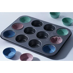 Wholesale good quality 12 pieces round shape muffin form carbon steel cup cake mold non-stick coating bakeware