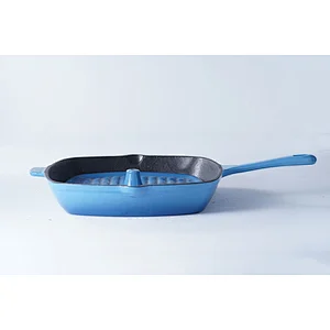 Professional cookware supplier OEM ODM universal blue square cast iron enamel frying pan with same material lid