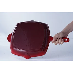Wholesale professional red square cast-iron enamel frying pan non-stick skillet with one long handles and one side handles