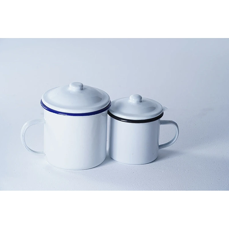 Good quality kitchen supplies classic pattern white multiple sizes carbon steel metal enamel coffee cup enamel mug set with lip