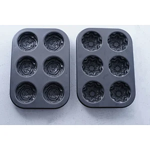 Wholesale two kinds of flower shape 6 holes carbon steel non stick coating cup cake molds for cake decoration