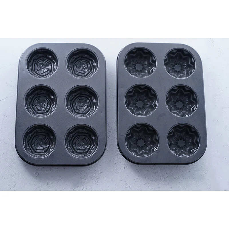 Wholesale two kinds of flower shape 6 holes carbon steel non stick coating cup cake molds for cake decoration