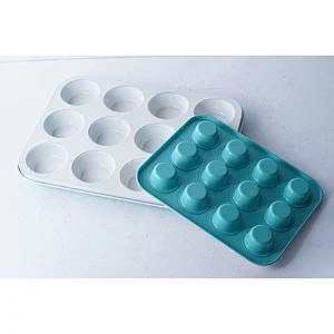 Hot sale OEM ODM 12 round holes green carbon steel non stick coating baby muffin cake mold decorating tools