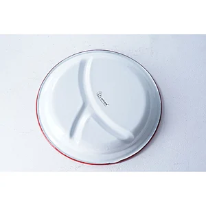 Good quality special design divided dinner plate blue red frame carbon steel enamel plates dishes for restaurant