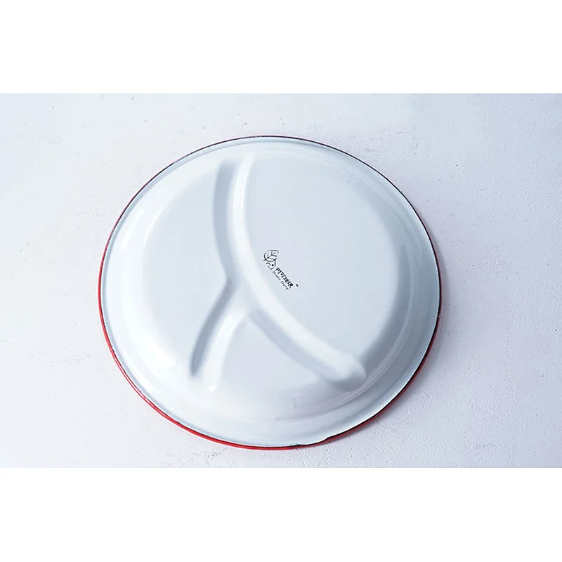 Good quality special design divided dinner plate blue red frame carbon steel enamel plates dishes for restaurant