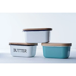 Promotional good quality tableware colorful multiple sizes available carbon steel enamel butter dish with wooden lid