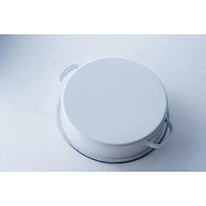 Hot sale personalized printing white round flat bottom carbon steel enamel fruit plate for kids with two side handles