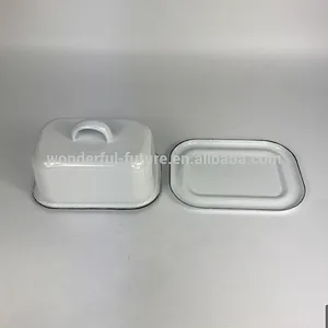Rectangular Shape Grey Deep Enamel Coating Butter Dish with Wooden Cover