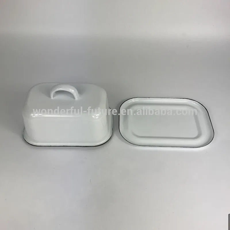 Rectangular Shape Grey Deep Enamel Coating Butter Dish with Wooden Cover