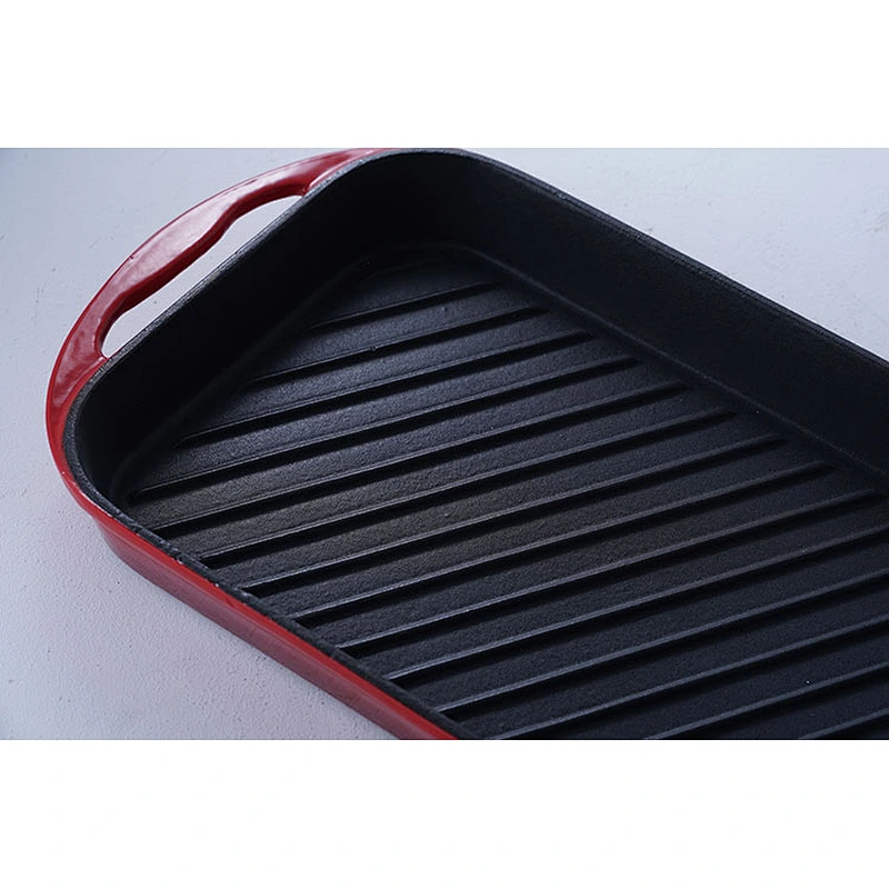 OEM red rectangular big capacity gathering party cast iron cookware enamel non-stick skillet fry pan with two side handles