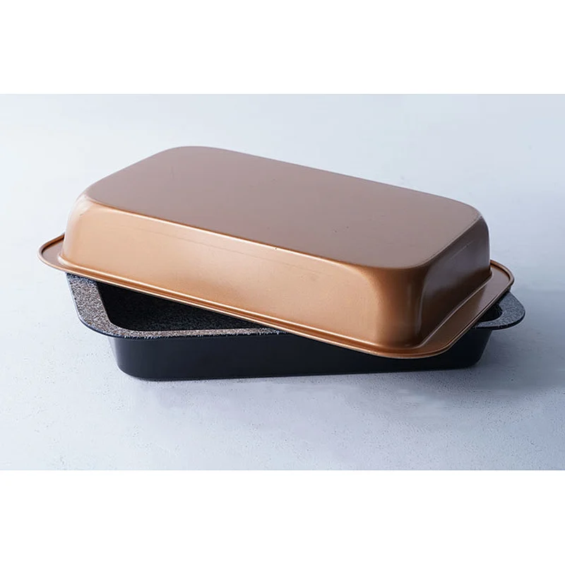 Hot sale kitchen modern bakeware grey gold rectangular carbon steel non stick coating ovenware oven baking tray