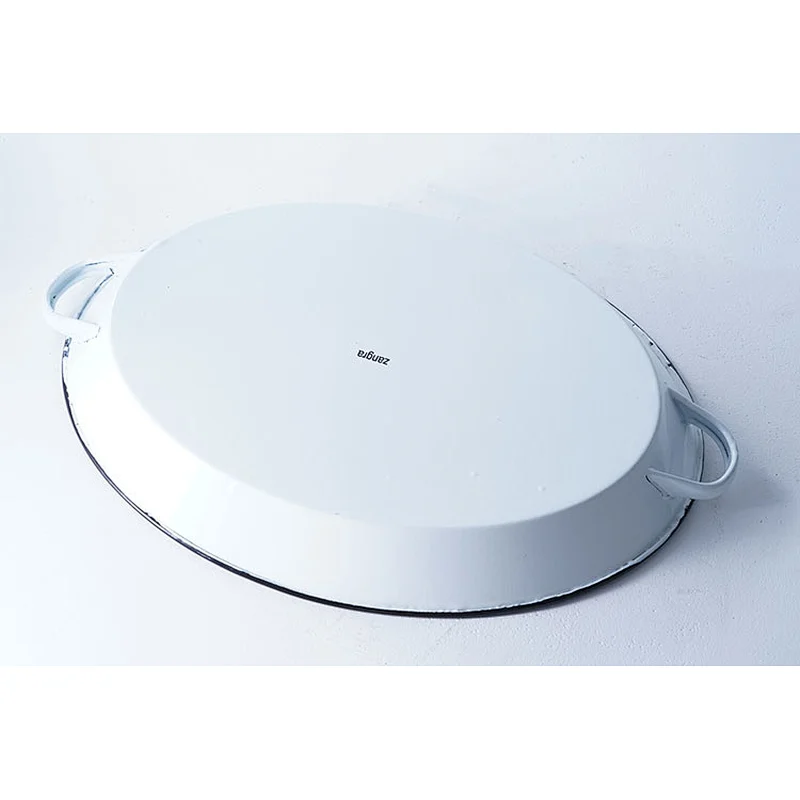 Hot sale high quality white round big capacity flat bottom carbon steel enamel dish plate with two side handles