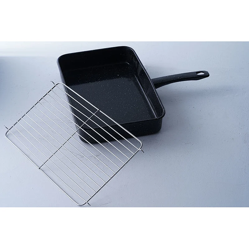 Wholesale custom design carbon steel enamel serving plates black rectangular dishes with handles and net rack