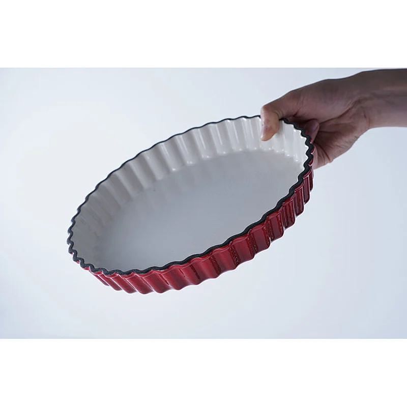 Hot sale OEM ODM special decorative wave border design red round flat bottom enamel frying pan induction cast iron