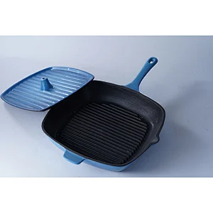 Professional cookware supplier OEM ODM universal blue square cast iron enamel frying pan with same material lid