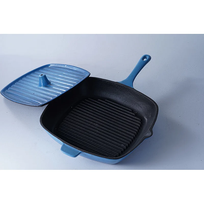 Professional cookware supplier OEM ODM universal blue square cast iron enamel frying pan with same material lid