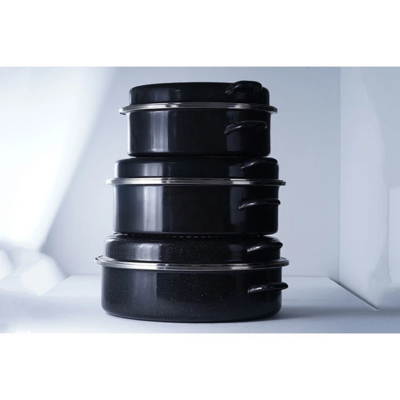 Good quality cookware OEM black multiple sizes carbon steel enamel heavy duty self basting roaster pan pot set with lid