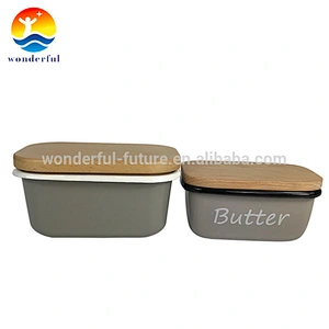 Rectangular Shape Grey Deep Cow Butter Dishes with Wooden Cover