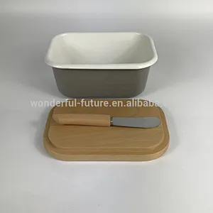 Rectangular Shape Grey Deep Enamel Coating Butter Dish with Wooden Cover