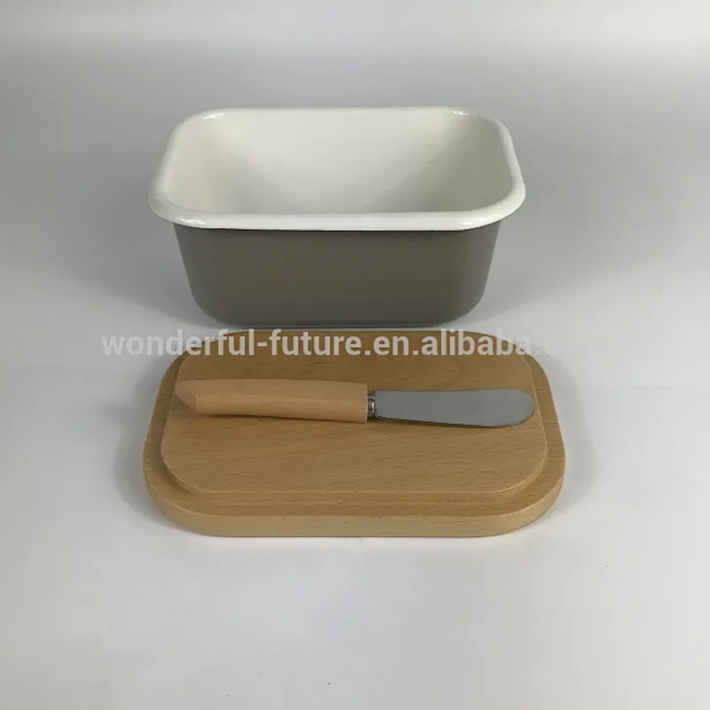 Rectangular Shape Grey Deep Enamel Coating Butter Dish with Wooden Cover