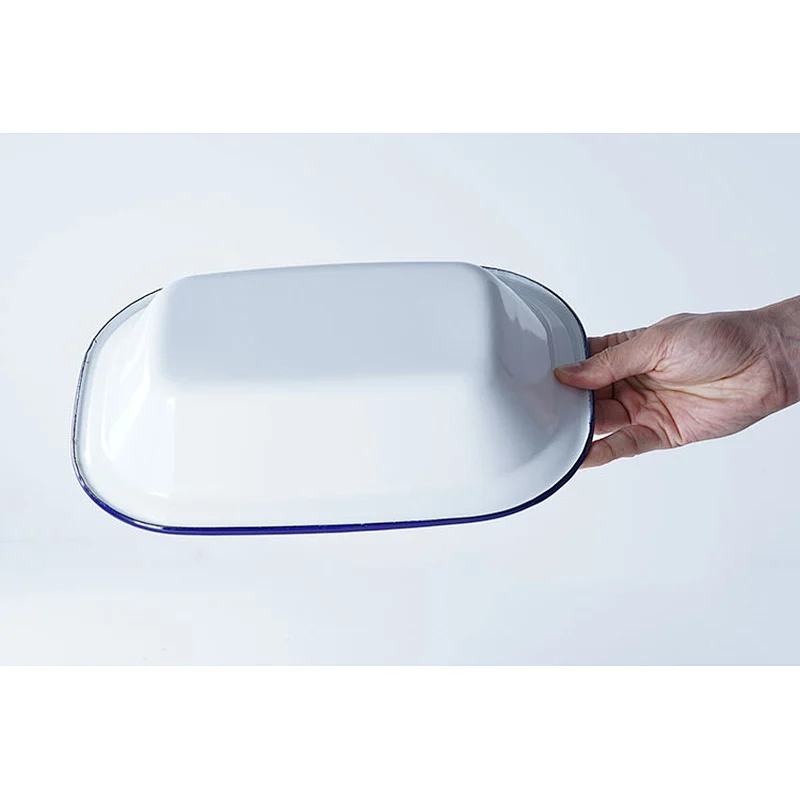 Hot sale custom printing small household white rectangular carbon steel enamel metal camping plate dish
