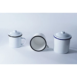 Good quality kitchen supplies classic pattern white multiple sizes carbon steel metal enamel coffee cup enamel mug set with lip