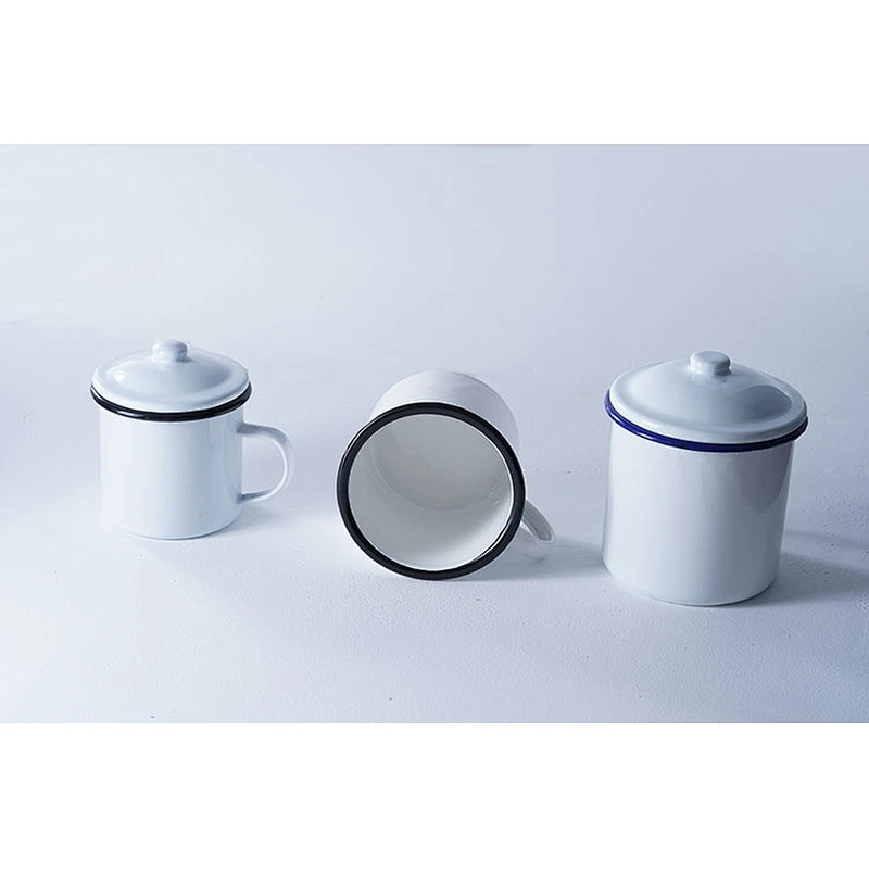 Good quality kitchen supplies classic pattern white multiple sizes carbon steel metal enamel coffee cup enamel mug set with lip