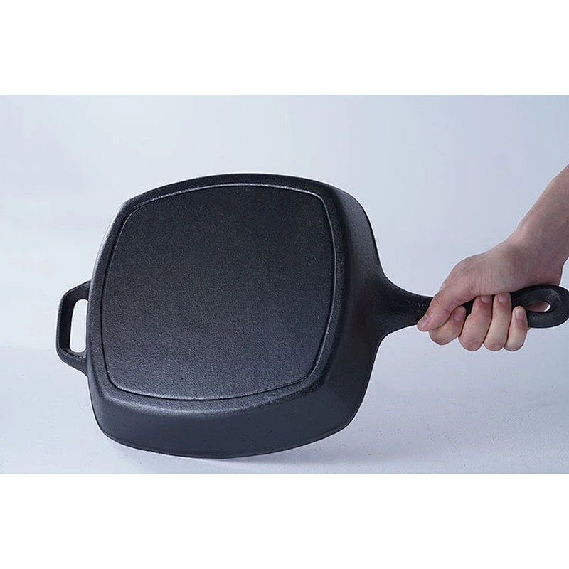 Classic pattern household restaurant universal cookware black square cast-iron preseasoned skillet frying pan with one handles