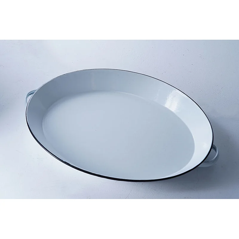 Hot sale high quality white round big capacity flat bottom carbon steel enamel dish plate with two side handles