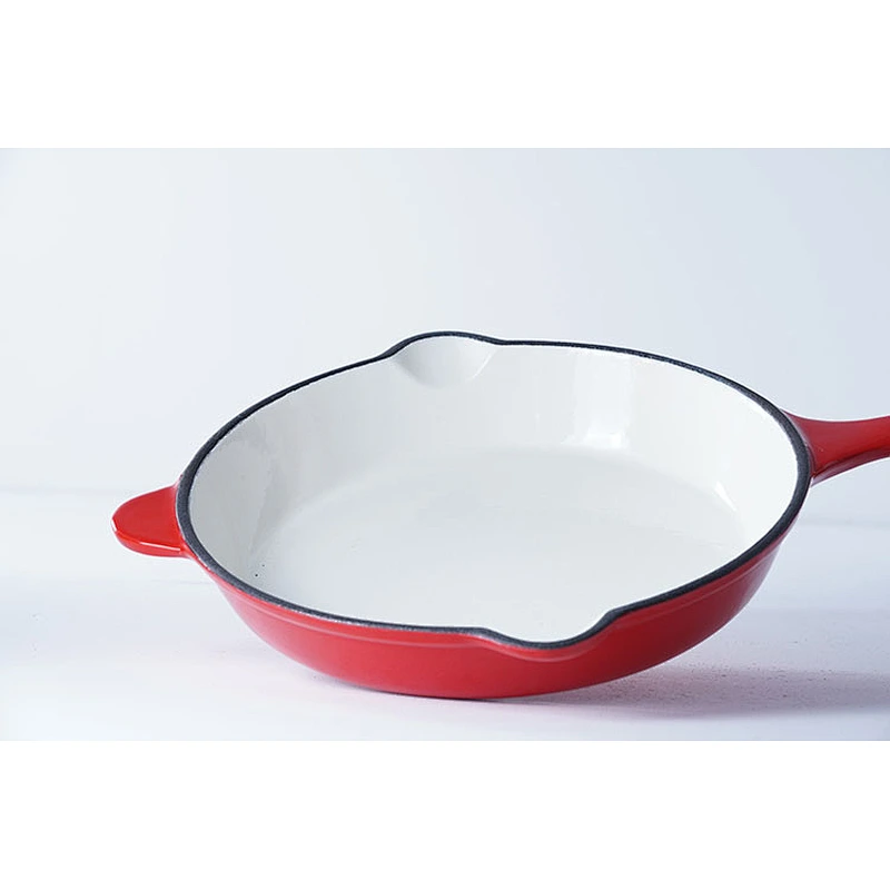 Fashion design classic red flat-bottomed carbon steel enamel grill cookware fry pan with confortable handle for cooking
