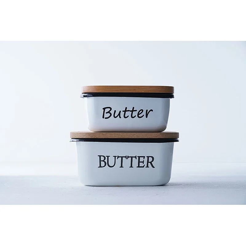 Promotional good quality tableware colorful multiple sizes available carbon steel enamel butter dish with wooden lid
