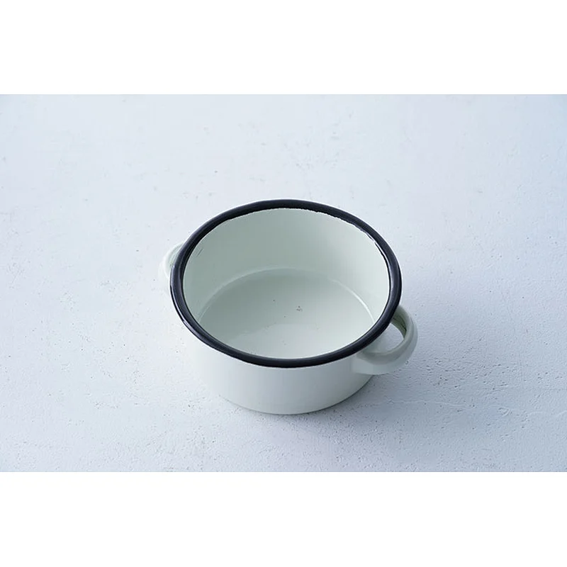 Hot sale multiple sizes available white flat bottom carbon steel enamel metal bowls wholesale with two side handle