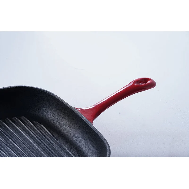 Good quality cheap price red square household restaurant universal cast iron enamel skillet frying pan non stick
